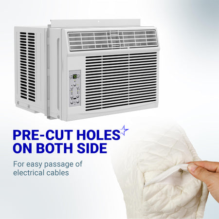 White indoor window AC cover showing pre-cut side holes for electrical cables with Velcro closure.