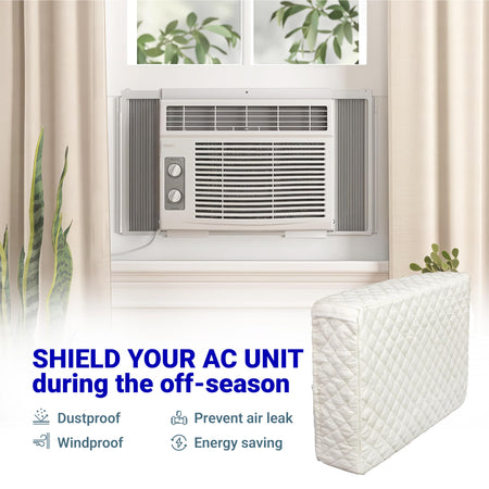 White quilted indoor window air conditioner cover for winter insulation shown next to a mounted AC unit.
