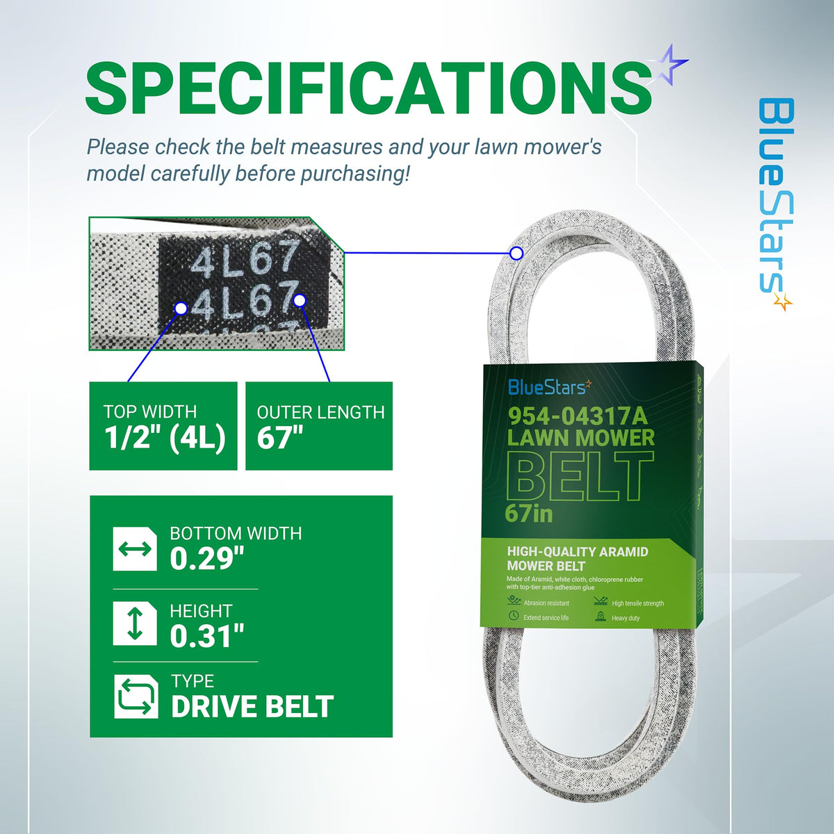 Infographic showing specifications and dimensions for 954-04317A lawn mower drive belt.