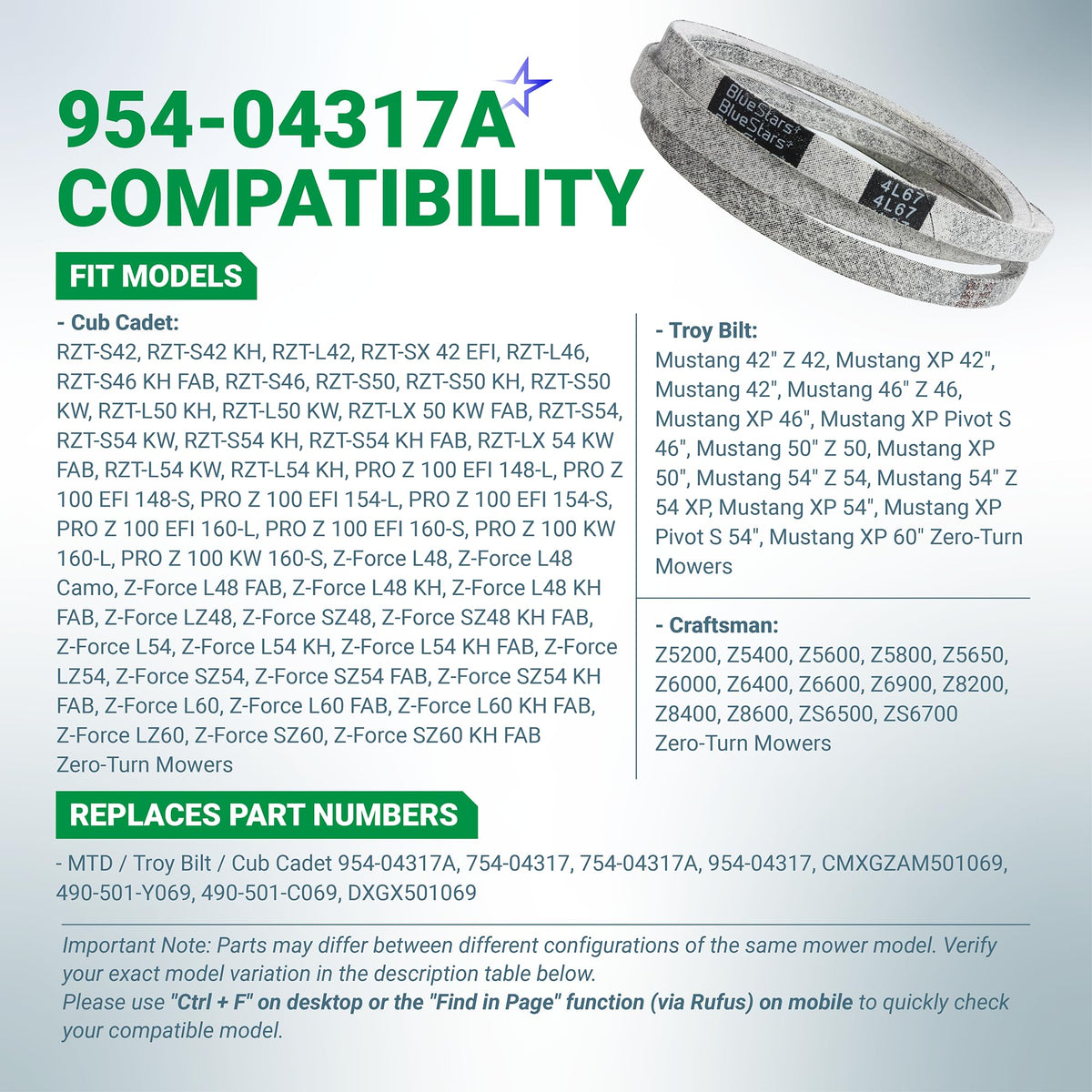 954-04317A replacement drive belt for Cub Cadet, Troy Bilt, and Craftsman lawn mowers with compatibility chart.