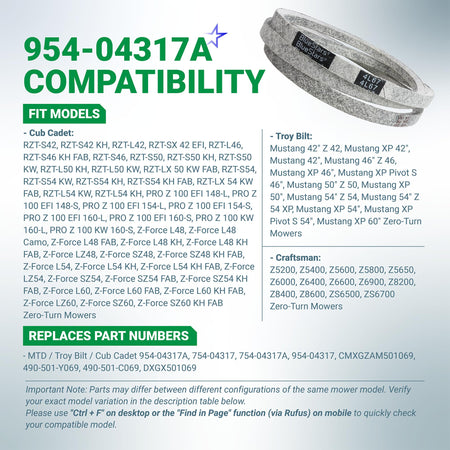 954-04317A replacement drive belt for Cub Cadet, Troy Bilt, and Craftsman lawn mowers with compatibility chart.