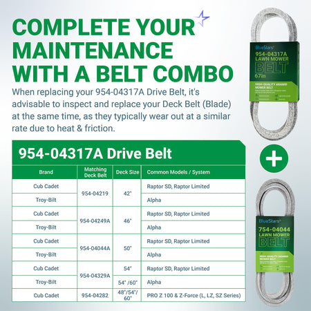 Infographic showing 954-04317A drive belt and matching deck belt compatibility chart for lawn mowers.