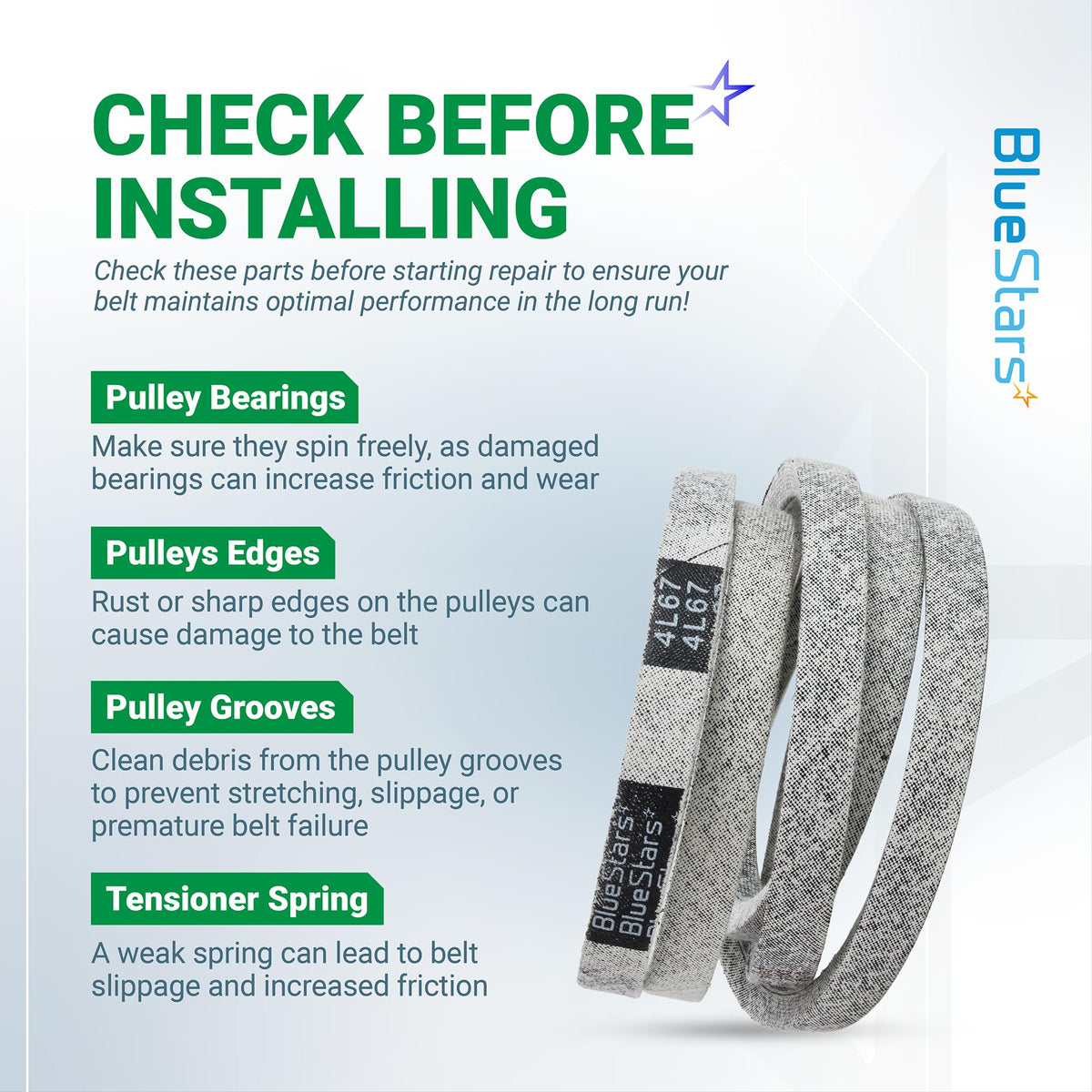 Informational graphic for 954-04317A lawn mower drive belt installation tips and pulley maintenance checklist.