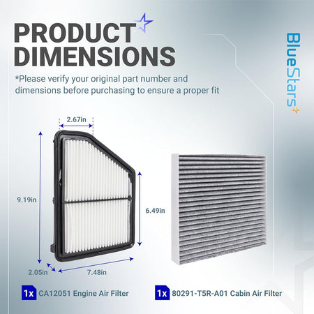 80291-T5R-A01 Cabin Air Filter + CA12051 Engine Air Filter Kit, product dimensions diagram