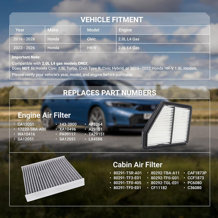 80291-T5R-A01 Cabin Air Filter + CA12051 Engine Air Filter Kit, vehicle fitment and replacement part numbers chart