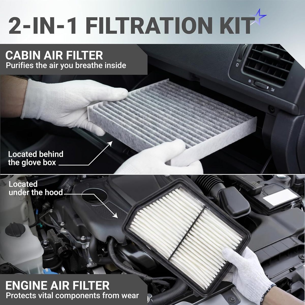 80291-T5R-A01 Cabin Air Filter + CA12051 Engine Air Filter Kit shown behind the glove box and under the hood