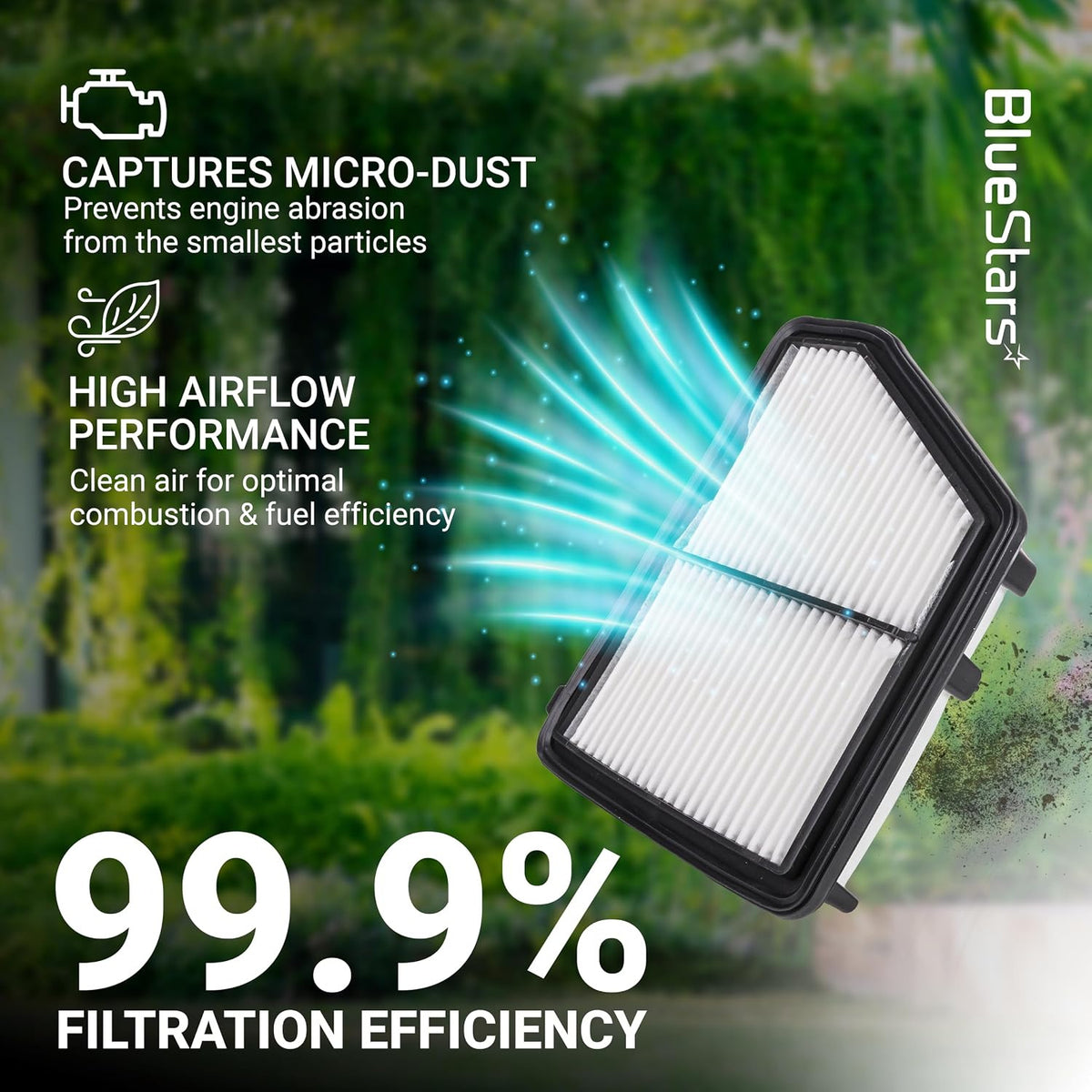 CA12051 Engine Air Filter, angled pleated filter graphic showing airflow, micro-dust capture, and 99.9% filtration efficiency
