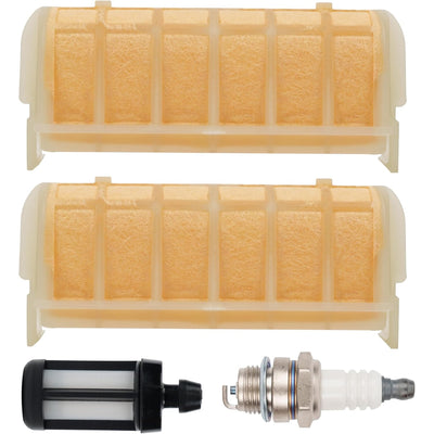 Two replacement air filters, fuel filter, and spark plug for Stihl MS250 and compatible chainsaws.