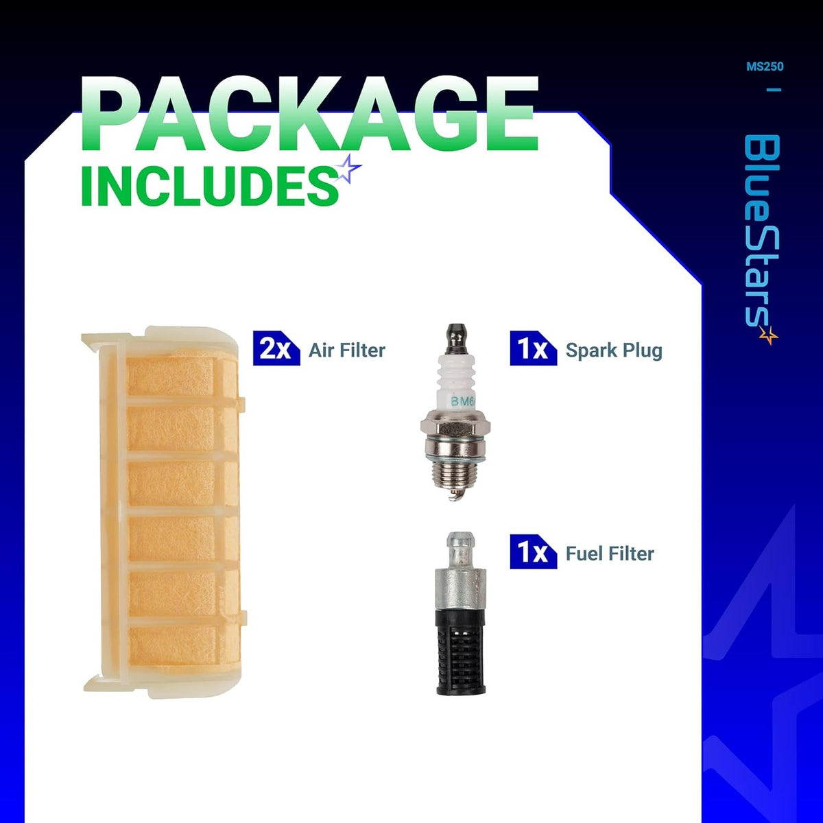 MS250 tune-up kit contents including two air filters, one spark plug, and one fuel filter for Stihl chainsaws.