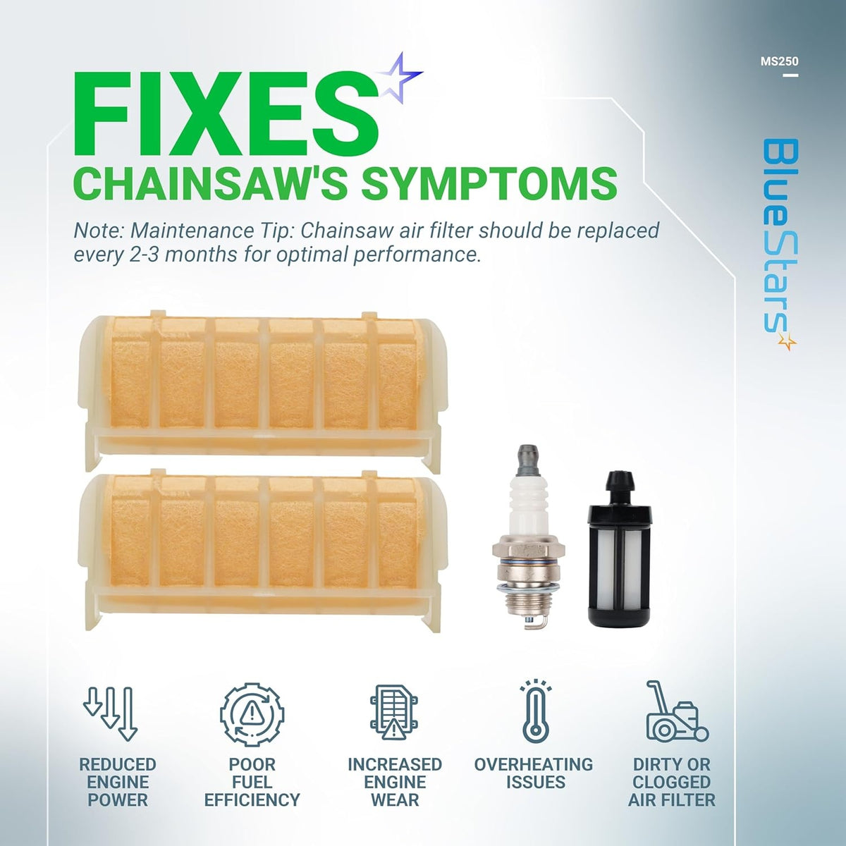 MS250 chainsaw tune-up kit with two air filters, spark plug, and fuel filter for Stihl maintenance.