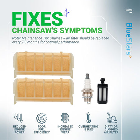 MS250 chainsaw tune-up kit with two air filters, spark plug, and fuel filter for Stihl maintenance.