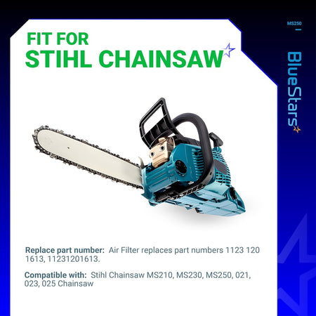 BlueStars promotional graphic showing a Stihl chainsaw compatible with MS250 air filter tune-up kit parts.
