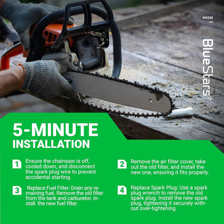Instructional graphic showing 5-minute installation steps for Stihl MS250 chainsaw tune-up kit components.