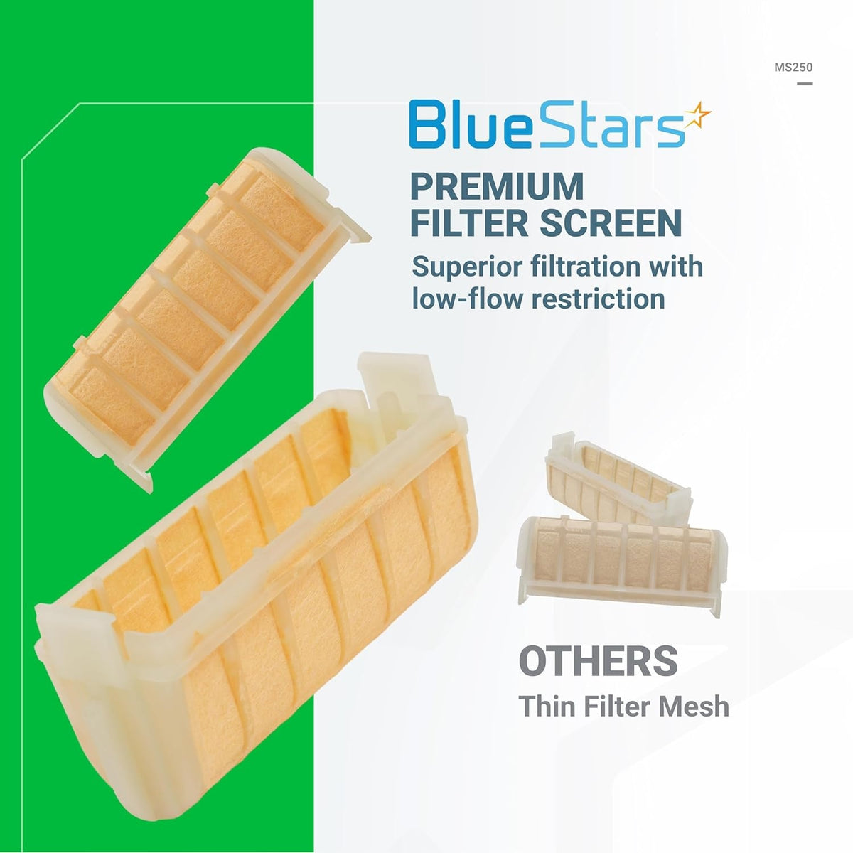 BlueStars premium air filter screen for Stihl MS250 chainsaw, comparing high-quality filter mesh to standard thin mesh.
