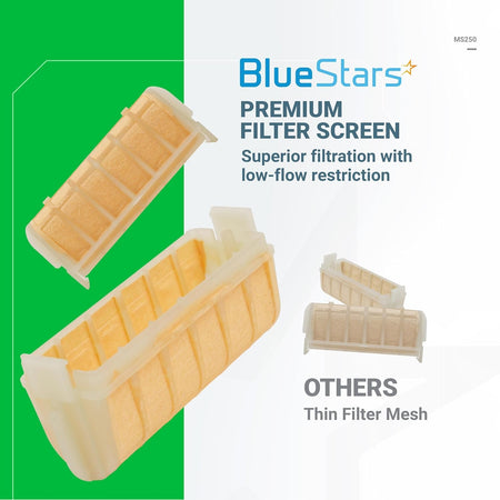 BlueStars premium air filter screen for Stihl MS250 chainsaw, comparing high-quality filter mesh to standard thin mesh.