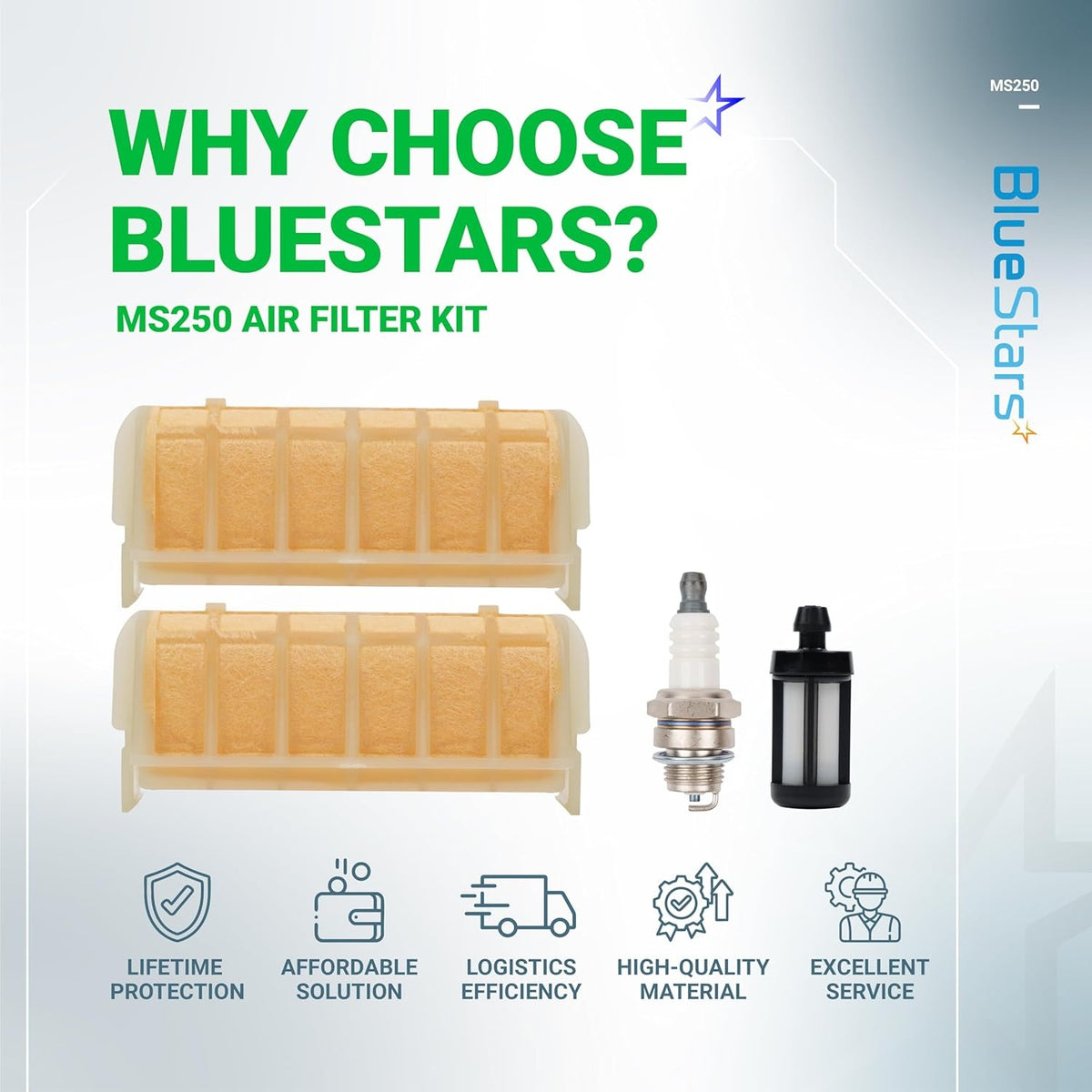 BlueStars MS250 air filter tune-up kit with two air filters, a spark plug, and a fuel filter for Stihl chainsaws.
