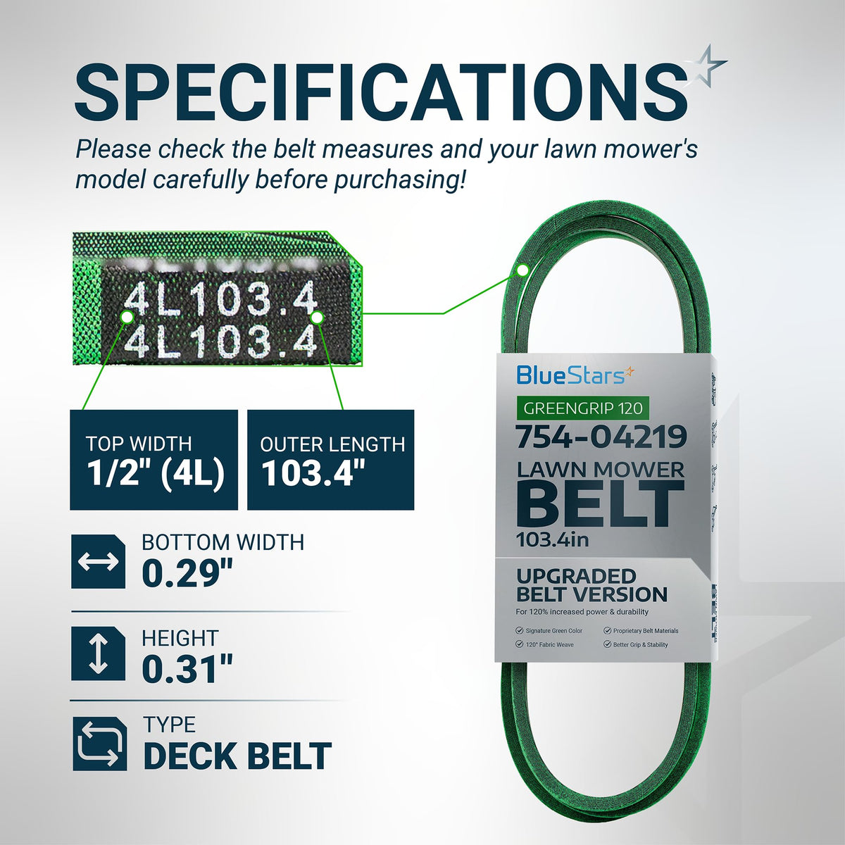 Specification chart for 754-04219 mower deck belt showing dimensions, size markings, and product features.