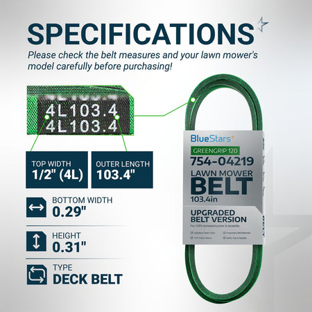 Specification chart for 754-04219 mower deck belt showing dimensions, size markings, and product features.