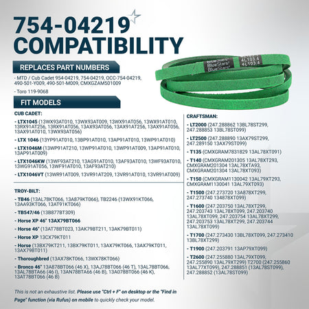 Compatibility chart for 754-04219 mower deck belt showing replacement part numbers and compatible mower models.