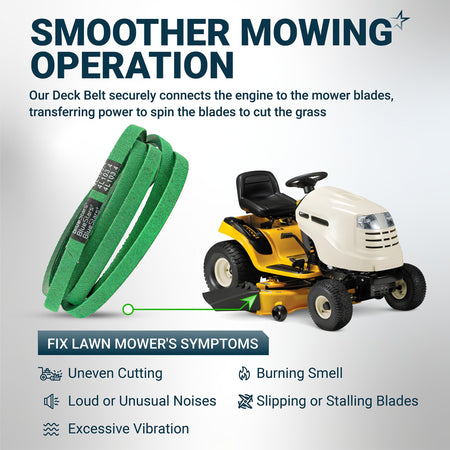 Infographic showing 754-04219 mower deck belt installation on a riding lawn mower to fix common cutting issues.