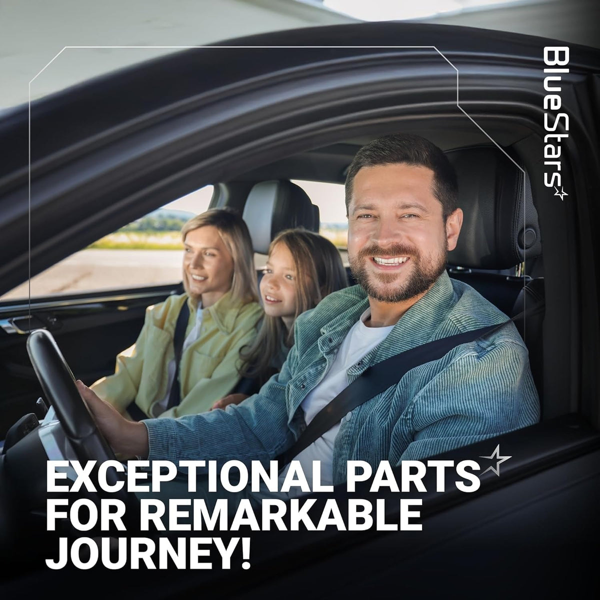 Happy family driving in a car with BlueStars branding for automotive wiring harness connectors.