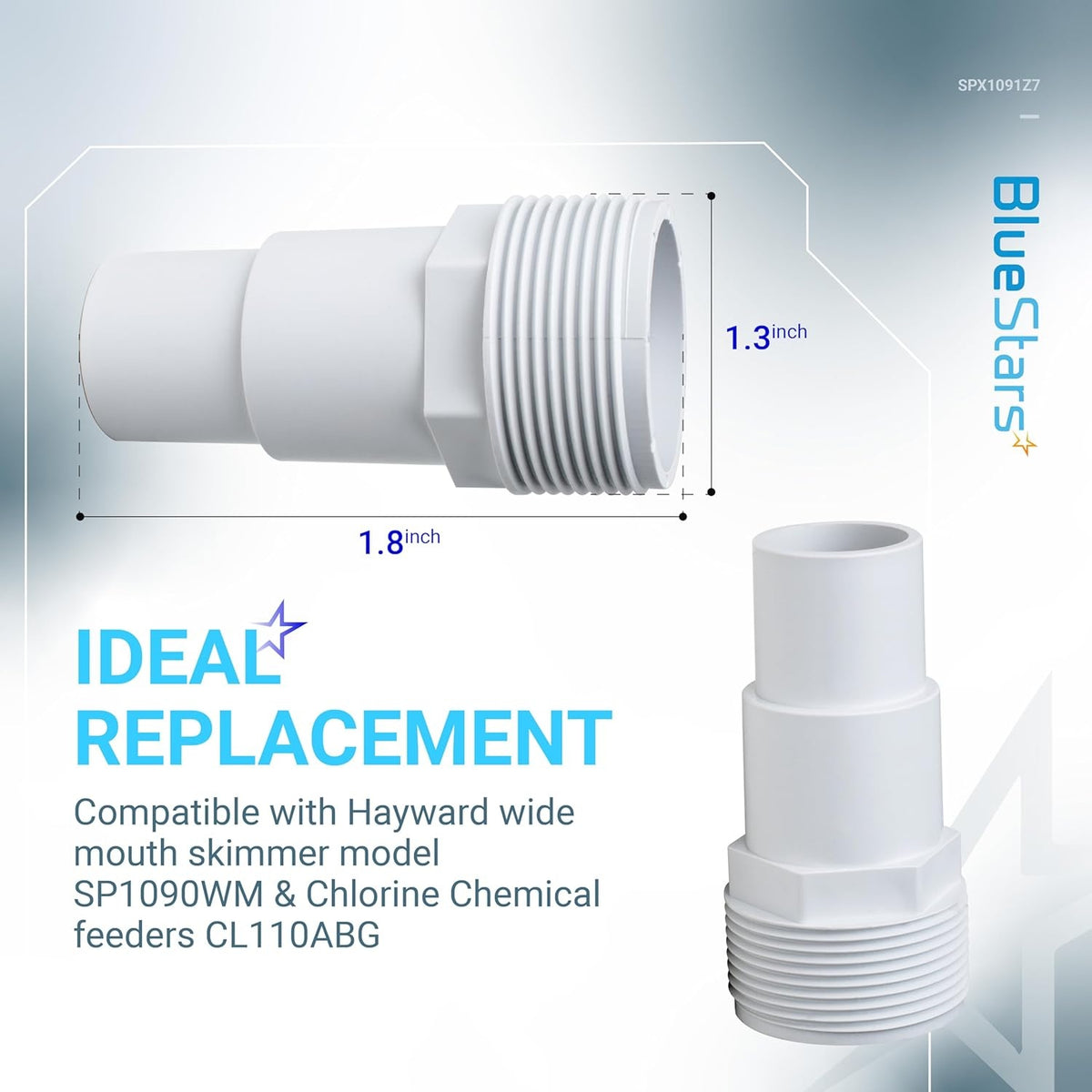 SPX1091Z7 pool hose adapter showing dimensions of 1.8 inches by 1.3 inches for Hayward skimmer and feeder compatibility.