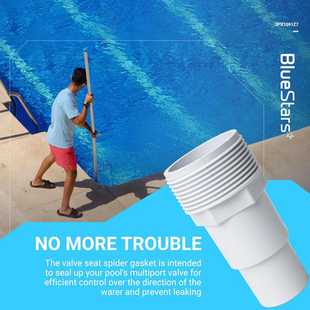 Close-up of a single white SPX1091Z7 pool hose adapter against a blue background with pool maintenance imagery.