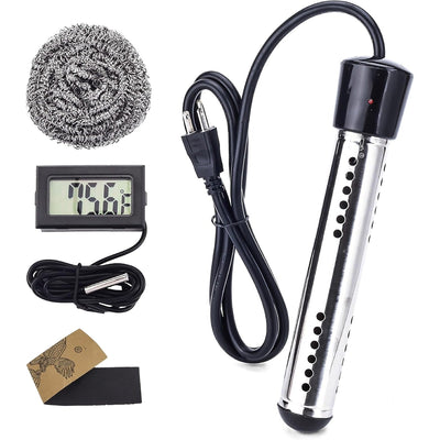 2000W immersion water heater kit with digital thermometer, steel scouring pad, and adhesive strip.