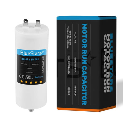 120 uF 250 VAC CBB60 motor run capacitor with its branded product packaging box.