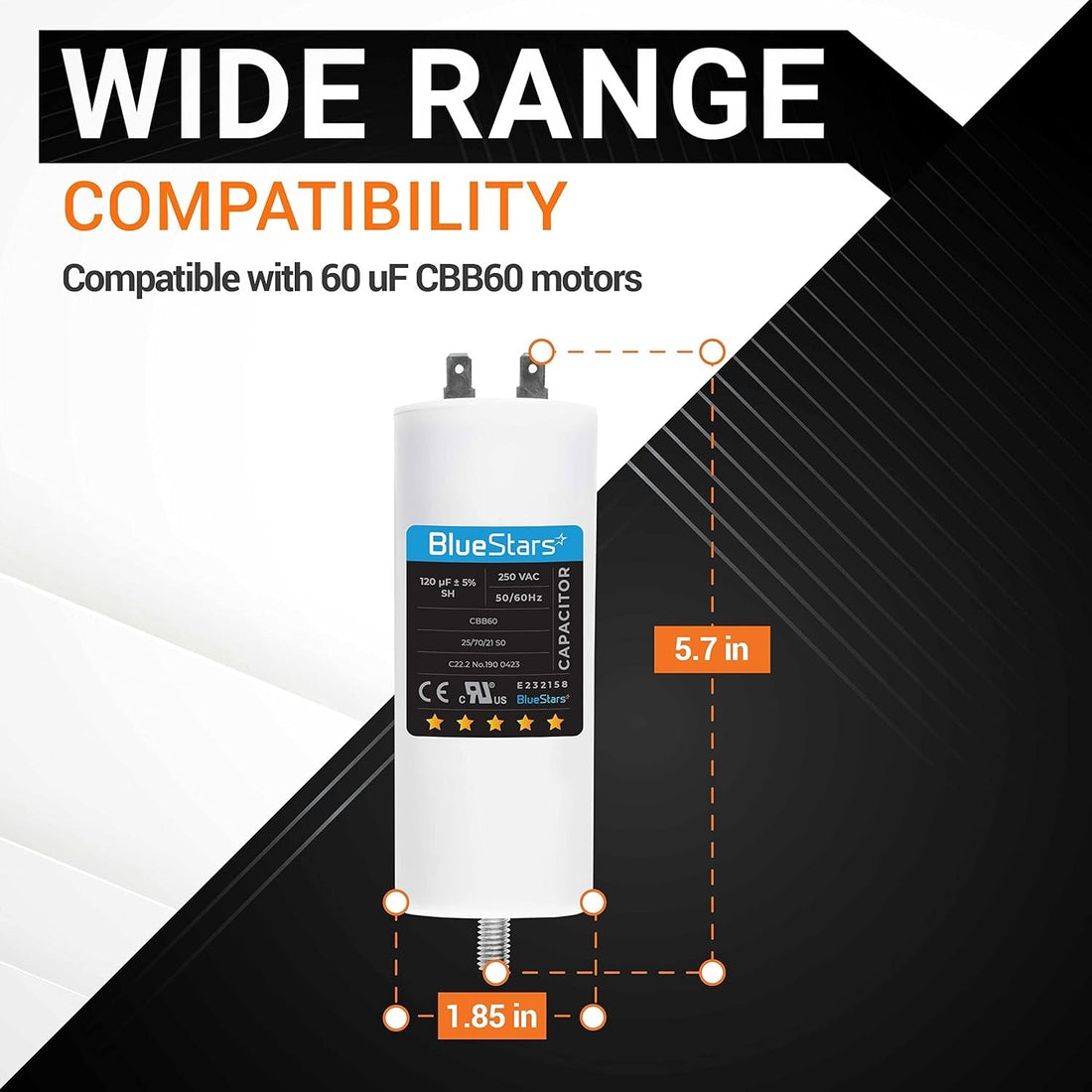 120 uF CBB60 run capacitor showing 5.7 inch height and 1.85 inch diameter dimensions for motor compatibility.