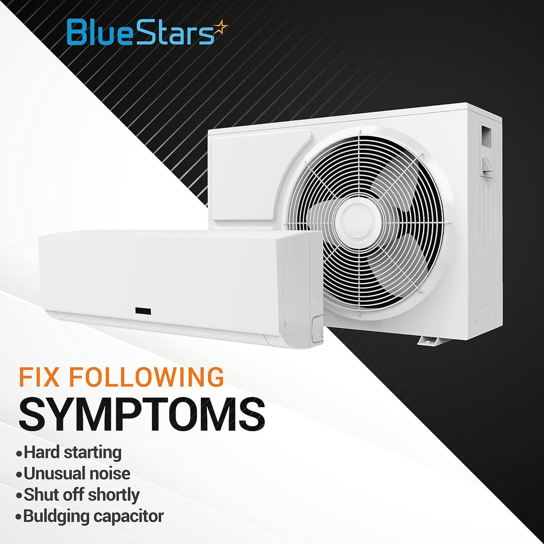 Infographic showing AC motor symptoms for 120 uF CBB60 run capacitor replacement.
