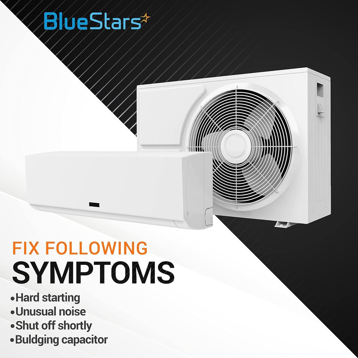 Infographic showing AC motor symptoms for 120 uF CBB60 run capacitor replacement.