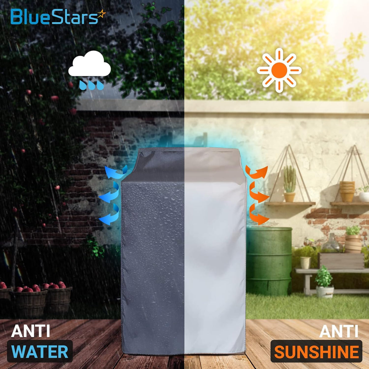 Silver washer and dryer cover demonstrating waterproof and sun-resistant protection for outdoor use.
