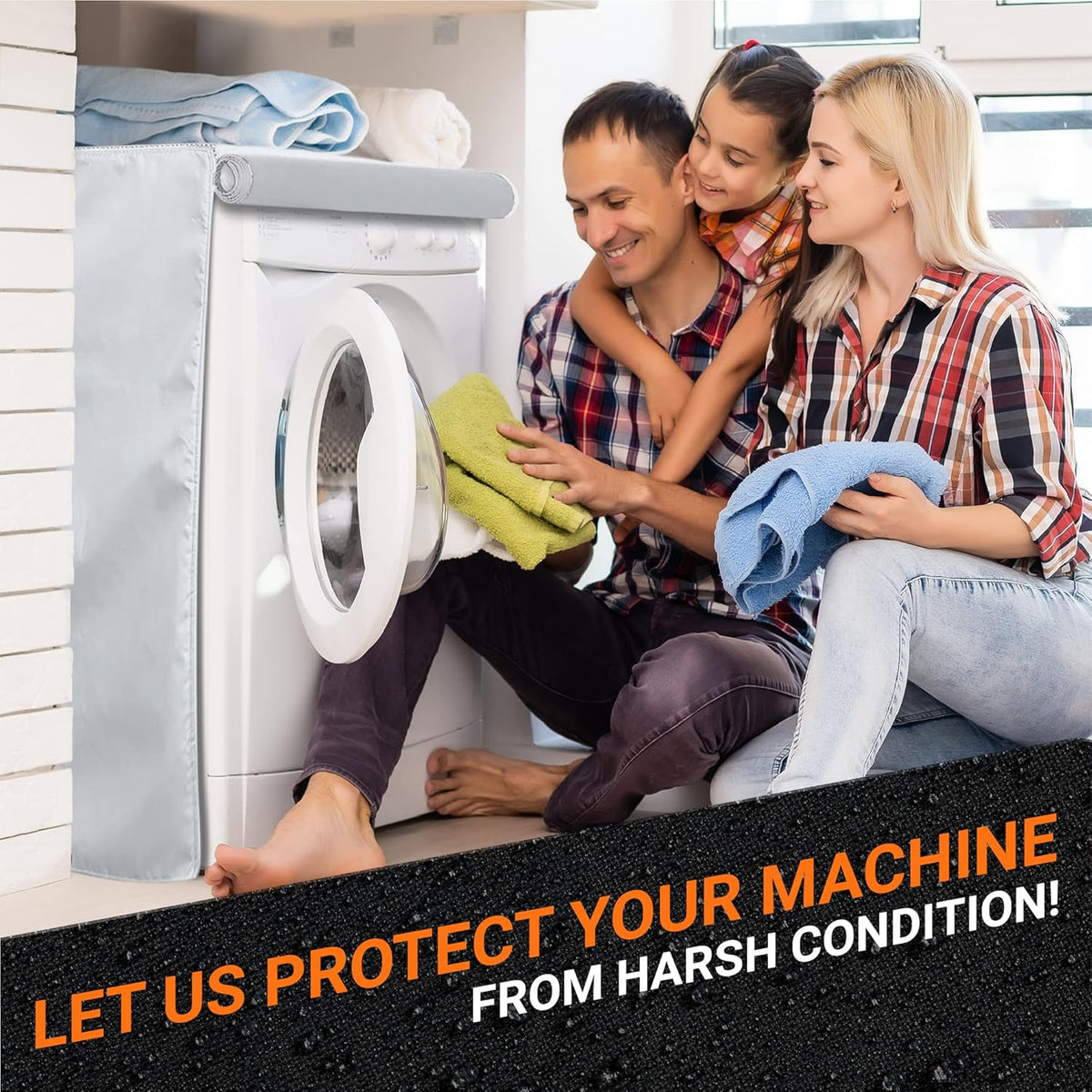 Family using a front-load washing machine covered with a premium silver protective cover.
