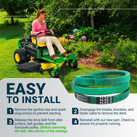 Instructional graphic showing a person on a zero-turn mower with a M154157 replacement drive belt and installation steps.