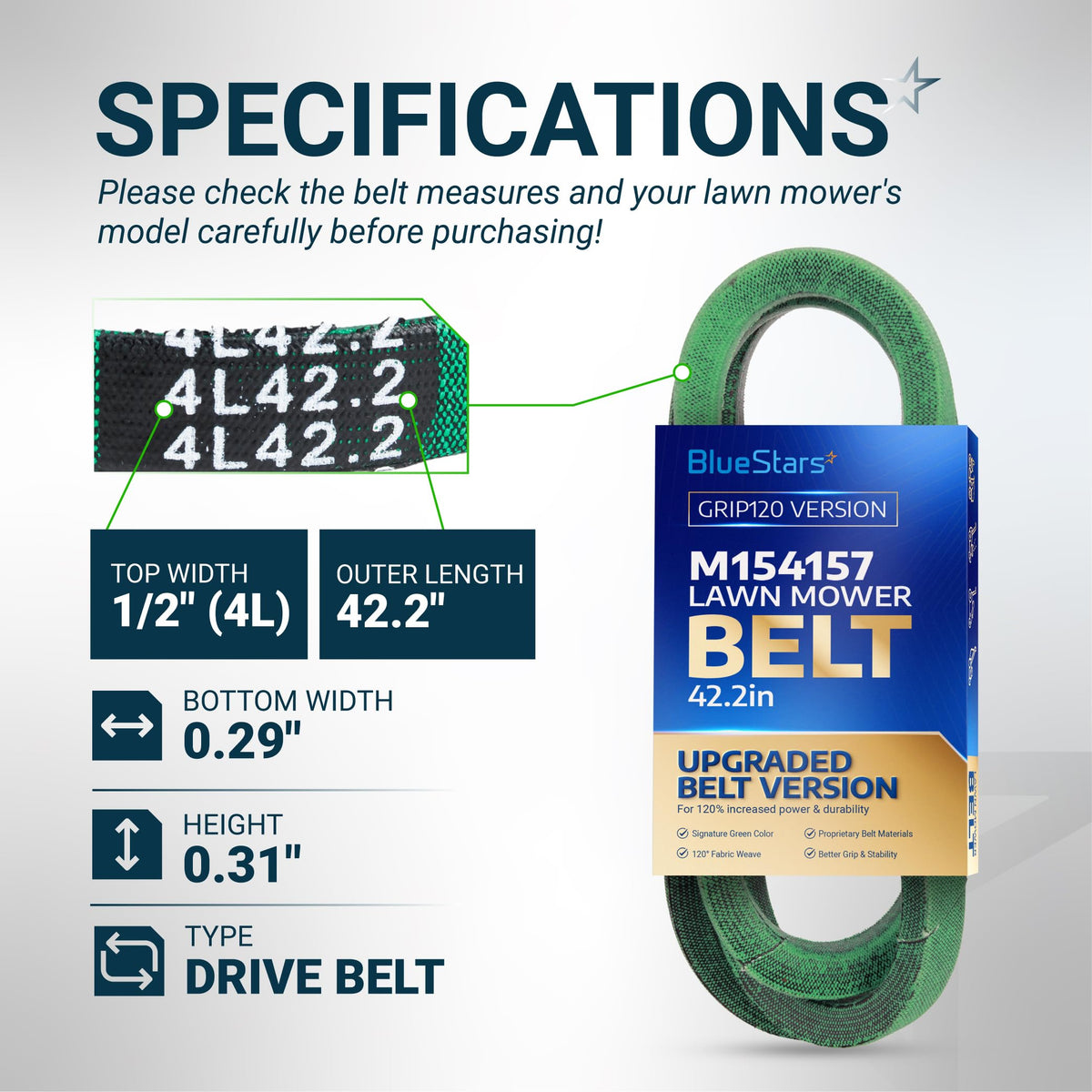 BlueStars M154157 lawn mower drive belt specifications chart showing dimensions and 4L42.2 size markings.