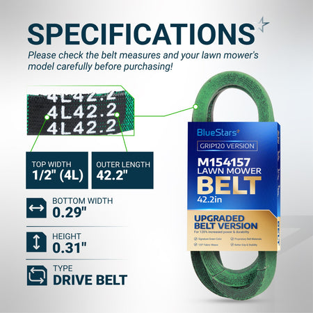 BlueStars M154157 lawn mower drive belt specifications chart showing dimensions and 4L42.2 size markings.