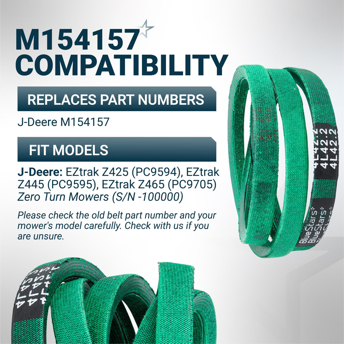 Green replacement mower deck belt M154157 for John Deere EZtrak Z425, Z445, and Z465 zero turn mowers.