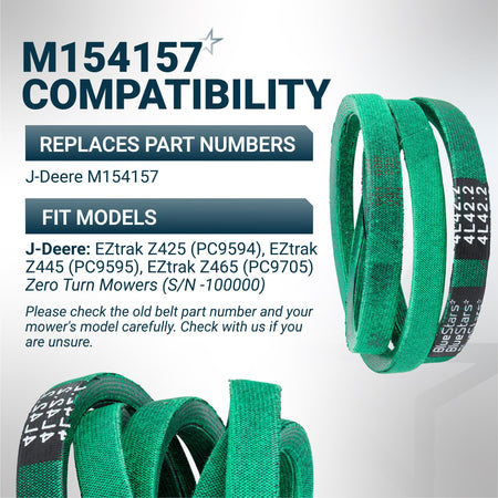 Green replacement mower deck belt M154157 for John Deere EZtrak Z425, Z445, and Z465 zero turn mowers.