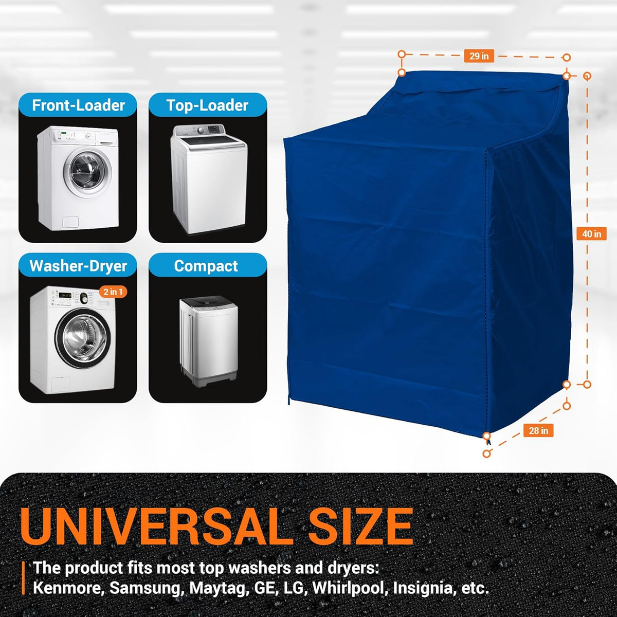 Blue outdoor washing machine cover showing universal size dimensions and compatibility with various washer types.