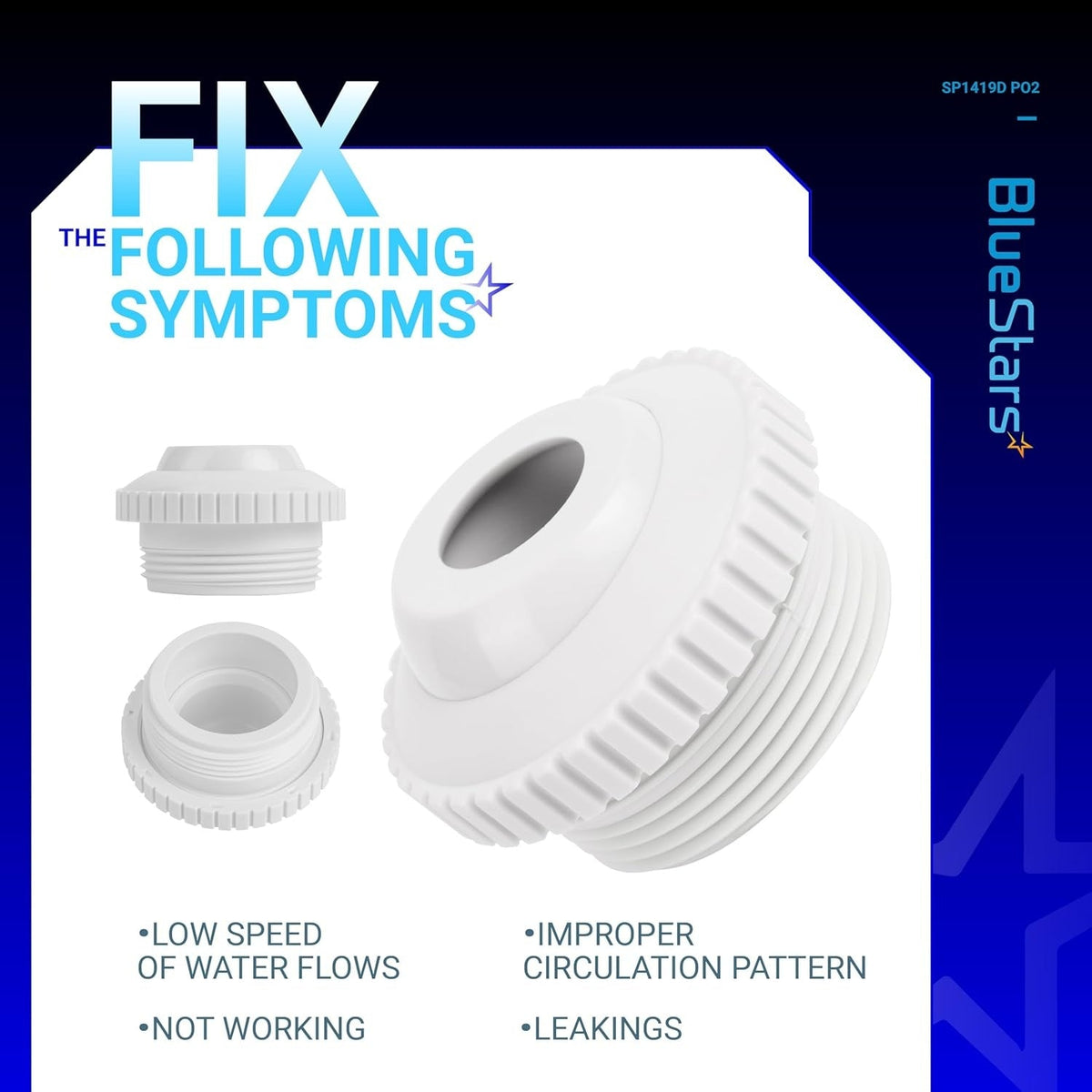 SP1419D directional flow pool return jet nozzle showing symptoms it can fix, including low flow and poor circulation.