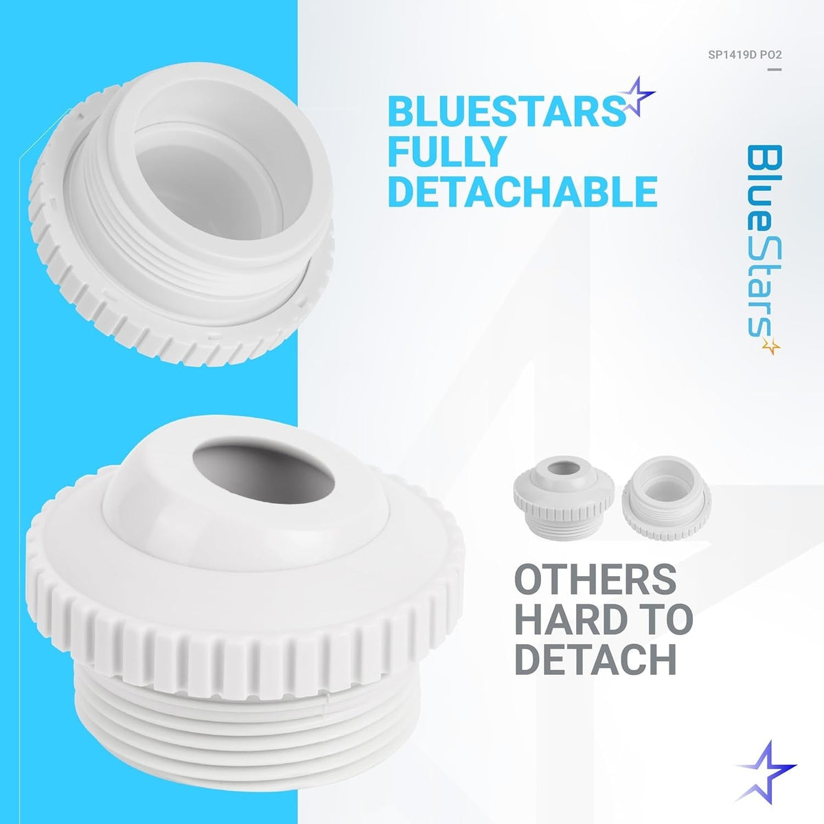 BlueStars SP1419D directional flow pool jet nozzle showing detachable eyeball design compared to standard fixed jets.