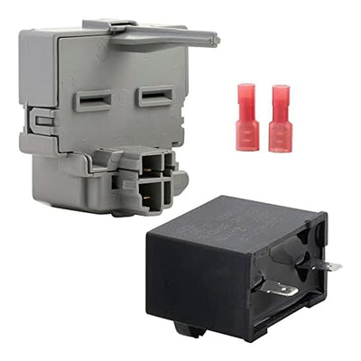 Refrigerator compressor start relay, run capacitor, and two red wire connectors for Whirlpool and Kenmore appliances.