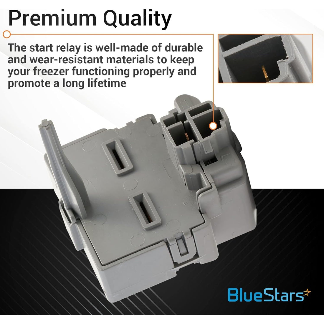 Refrigerator compressor start relay and overload switch with close-up view of terminal connector.