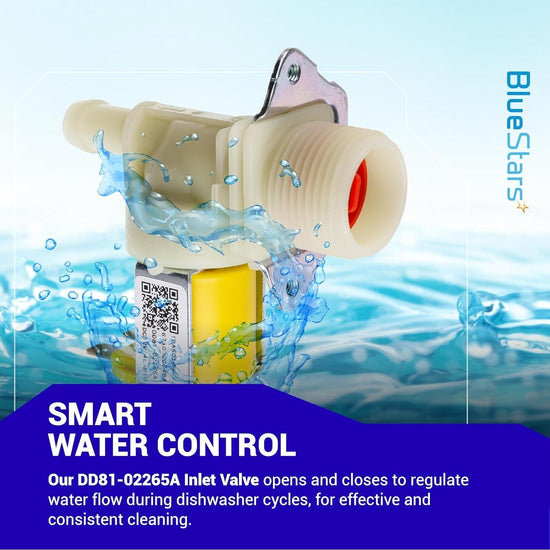 DD81-02265A dishwasher water inlet valve with yellow solenoid and mounting bracket, shown with water splash effect.