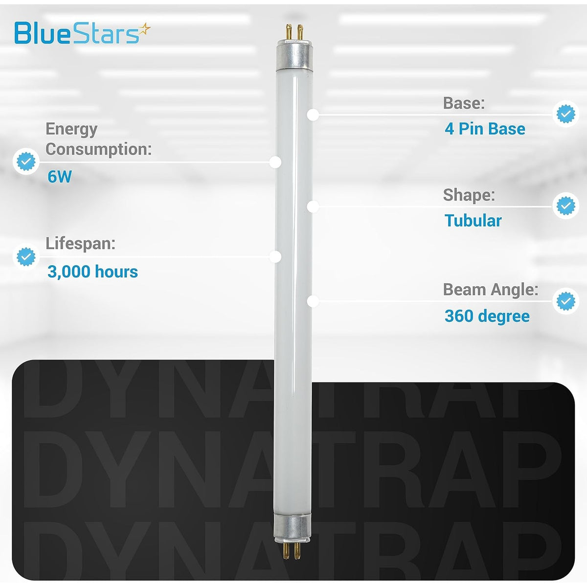 Single 6-watt 32050 4-pin replacement bulb for DynaTrap insect traps with technical specifications infographic.