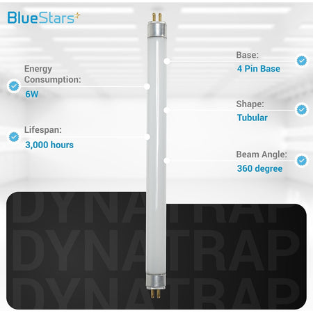 Single 6-watt 32050 4-pin replacement bulb for DynaTrap insect traps with technical specifications infographic.