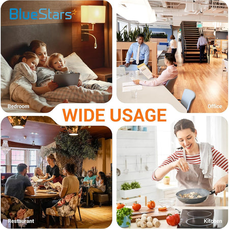 Collage showing wide usage of DynaTrap replacement bulbs in bedroom, office, restaurant, and kitchen settings.