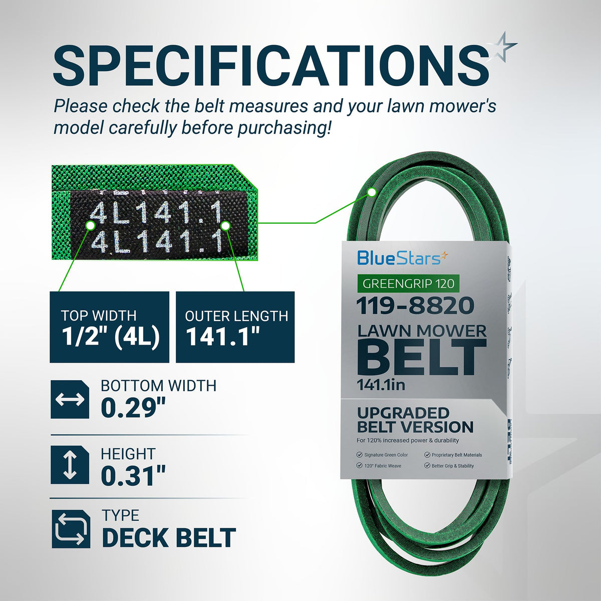 Specification chart for 119-8820 deck belt showing dimensions and compatibility for Toro and Exmark lawn mowers.
