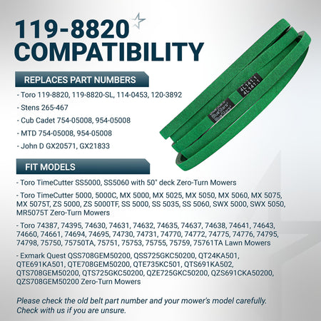 119-8820 deck belt compatibility chart for Toro Timecutter and Exmark Quest zero-turn mowers.